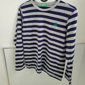 Benetton Boy's Striped  Long Sleeve 100% Cotton T-Shirt Blue and gray
